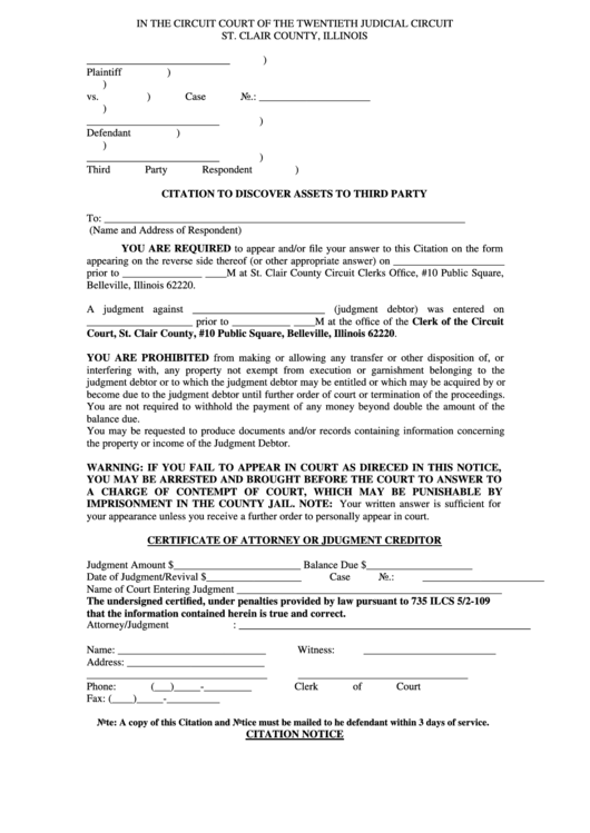 Fillable Citation To Discover Assets To Third Party St Clair County 