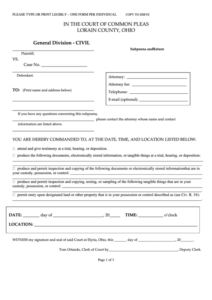 Fillable Civil Subpoena Form The Court Of Common Pleas Printable Pdf