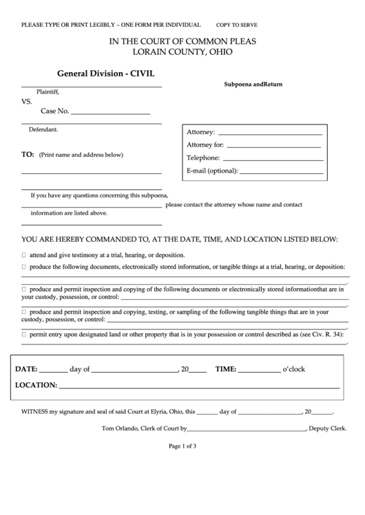 Fillable Civil Subpoena Form The Court Of Common Pleas Printable Pdf 