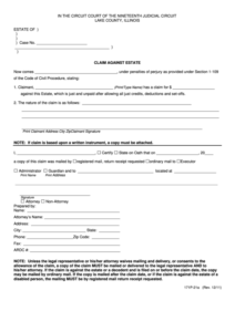 Fillable Claim Against Estate Form Lake County Illinois Printable