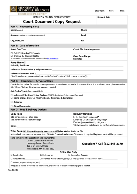 Fillable Court Document Copy Request Form Hennepin County District