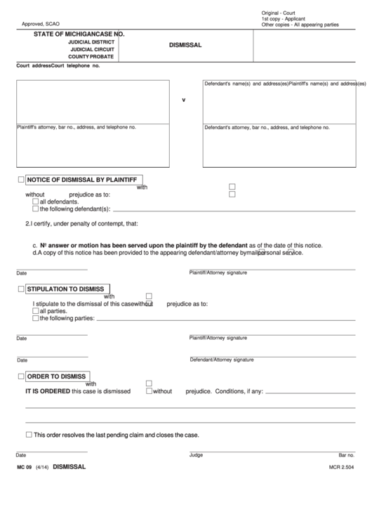 Fillable Dismissal State Of Michigan Printable Pdf Download