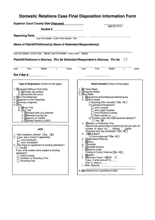 Fillable Domestic Relations Case Final Disposition Information Form 