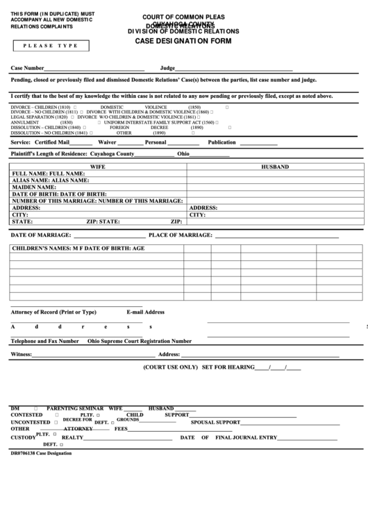 Fillable Dr0706138 Case Designation Form Court Of Common Pleas