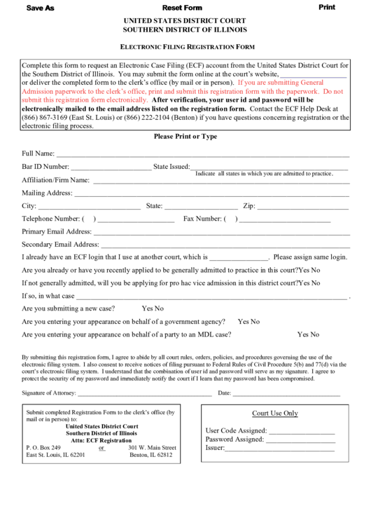 Fillable Electronic Filing Registration Form United States District 