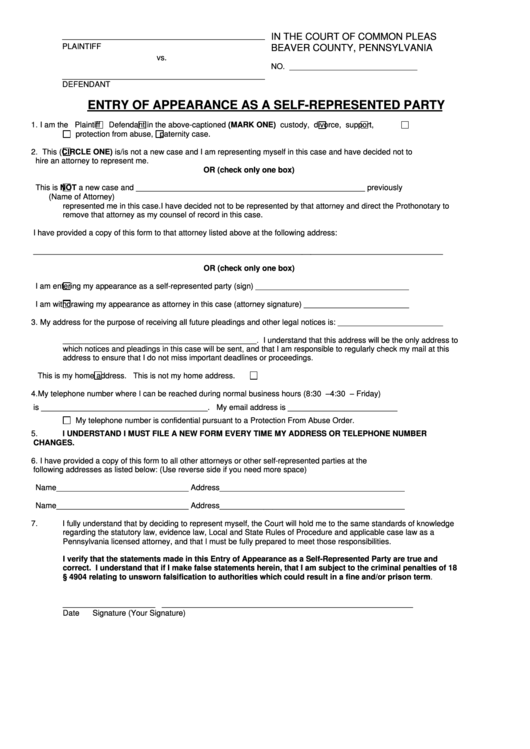 Fillable Entry Of Appearance As A Self Represented Party Form