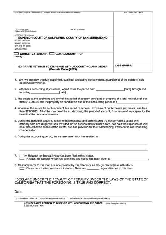 Fillable Ex Parte Petition To Dispense With Accounting And Order Form 