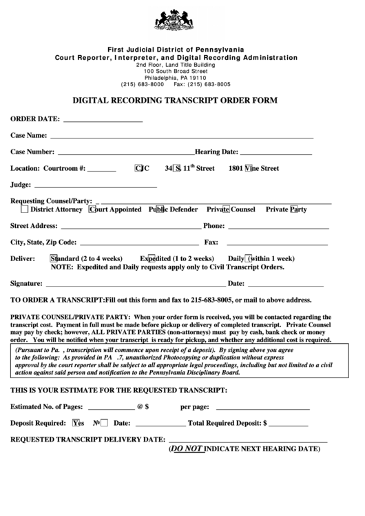 Fillable First Judicial District Of Pennsylvania Digital Recording 