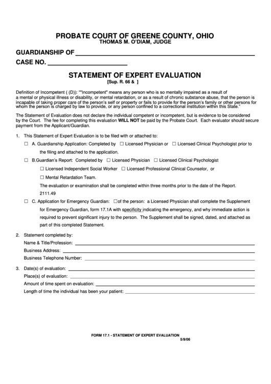 Fillable Form 17 1 Statement Of Expert Evaluation Probate Court Of 