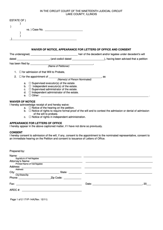 Fillable Form 171p 14a Waiver Of Notice Appearance For Letters Of