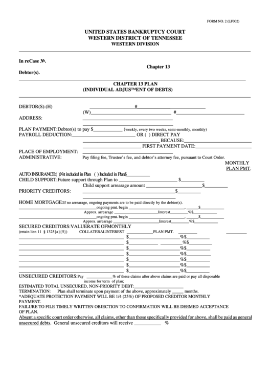 Fillable Form 2 Chapter 13 Plan United States Bankruptcy Court