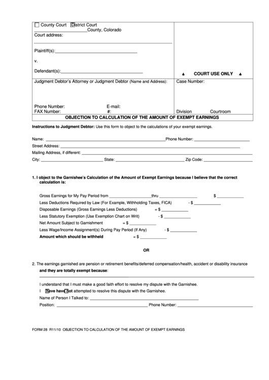 Fillable Form 28 Objection To Calculation Of The Amount Of Exempt 