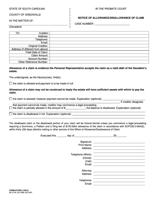 Fillable Form 372es Notice Of Allowance disallowance Of Claim County Of 