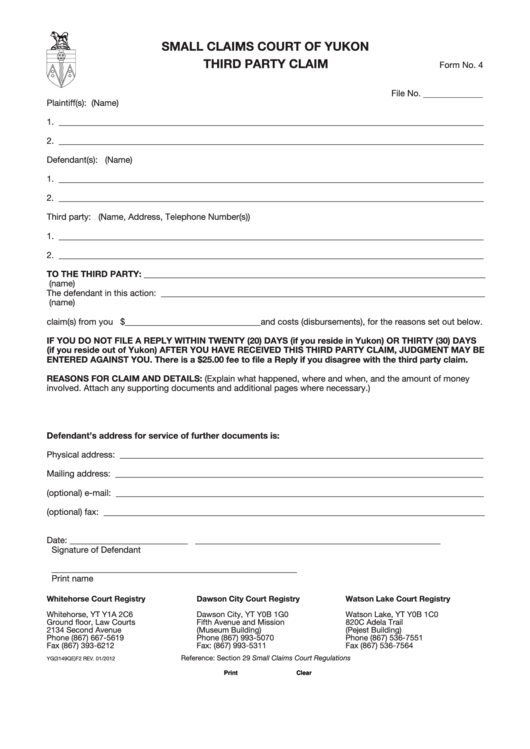 Fillable Form 4 Small Claims Court Of Yukon Third Party Claim 