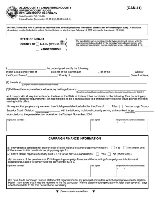 Fillable Form 48517 Allen County Vanderburgh County Superior Court 