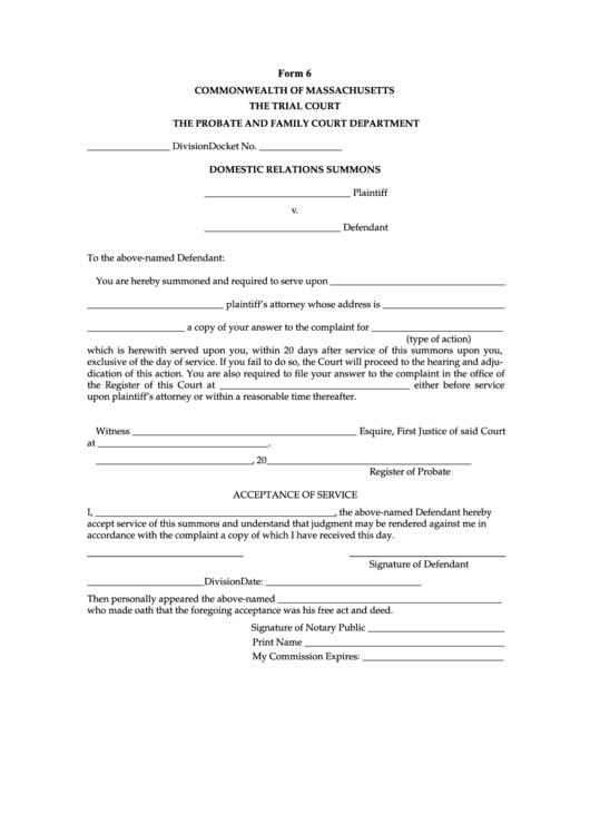 Fillable Form 6 Domestic Relations Summons Massachusetts The 