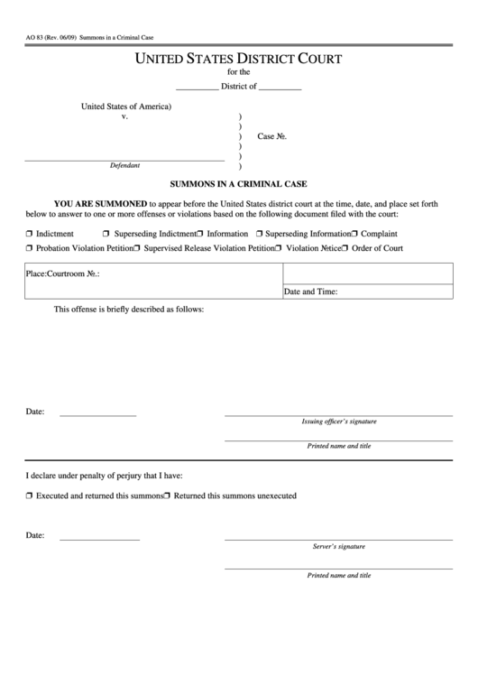 Fillable Form Ao 83 Summons In A Criminal Case United States 