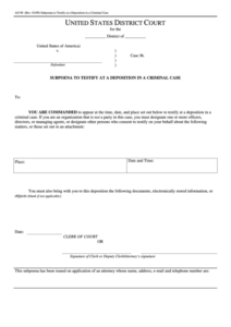 Fillable Form Ao 90 Subpoena To Testify At A Deposition In A Criminal