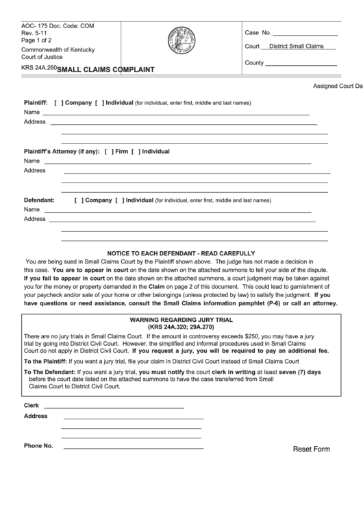 Fillable Form Aoc 175 Small Claims Complaint Printable Pdf Download