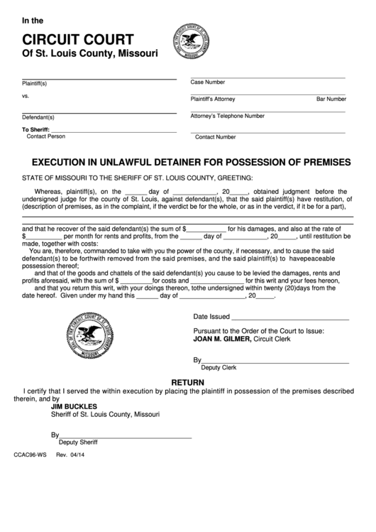 Fillable Form Ccac96 Ws Execution In Unlawful Detainer For Possession 