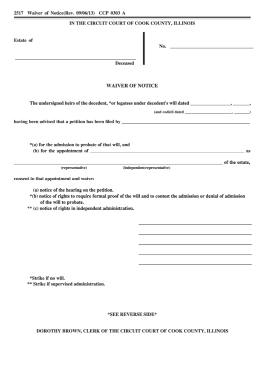 Fillable Form Ccp 0303 A Waiver Of Notice Court Of Cook County 