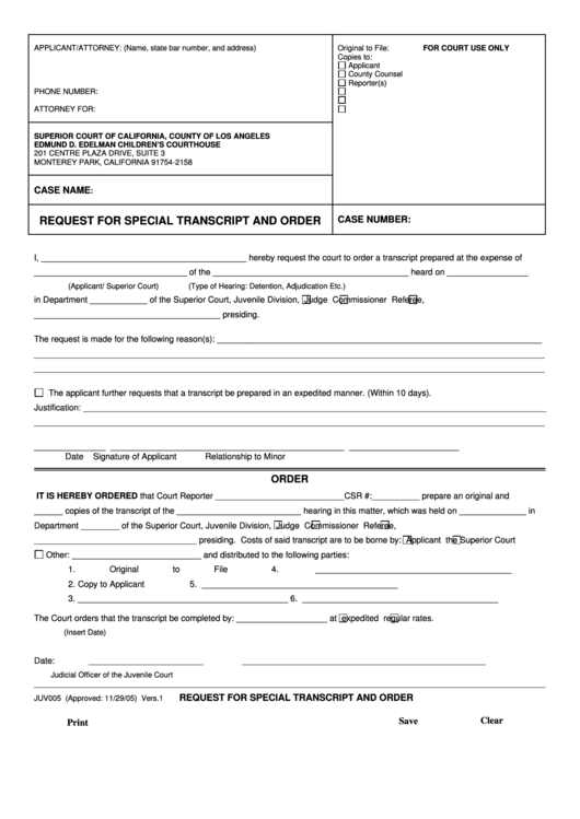 Fillable Form Juv005 Request For Special Transcript And Order Printable 