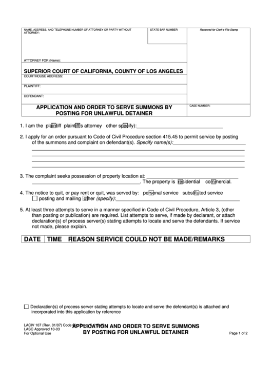 Fillable Form Laciv 107 Application And Order To Serve Summons By 