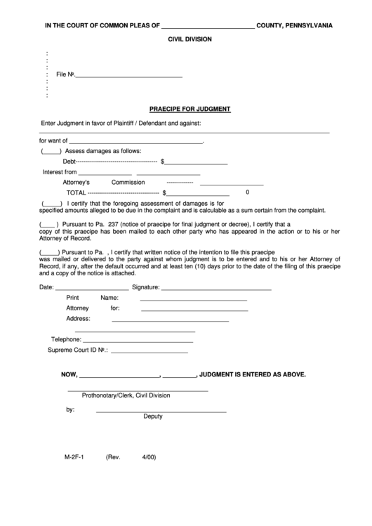 Fillable Form M 2f 1 Praecipe For Judgment Form Court Of Common 