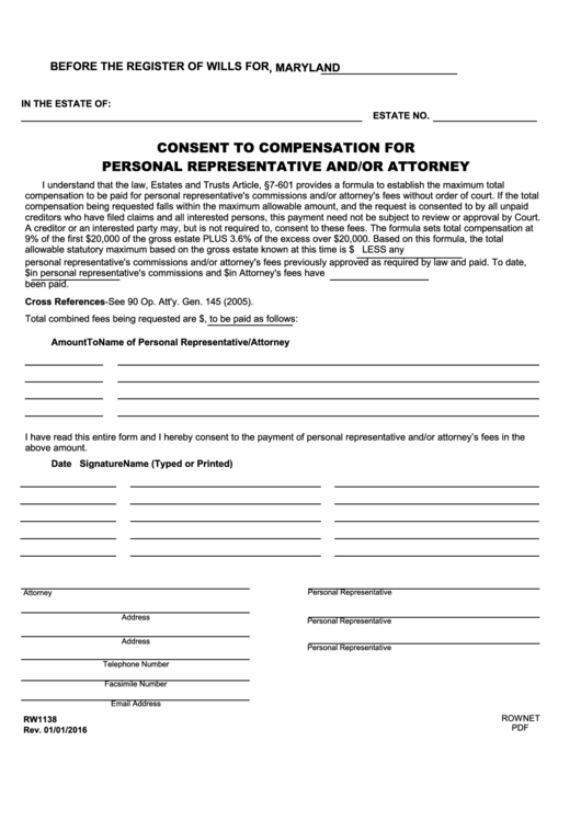 Fillable Form Rw1138 Consent To Compensation For Personal 