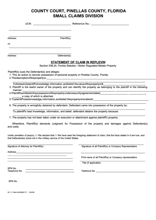 Florida Small Claims Court Statement Of Claim Form CourtForm