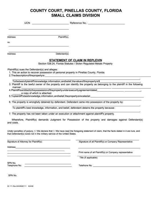 Fillable Form Sc 111 Statement Of Claim In Replevin County Court 