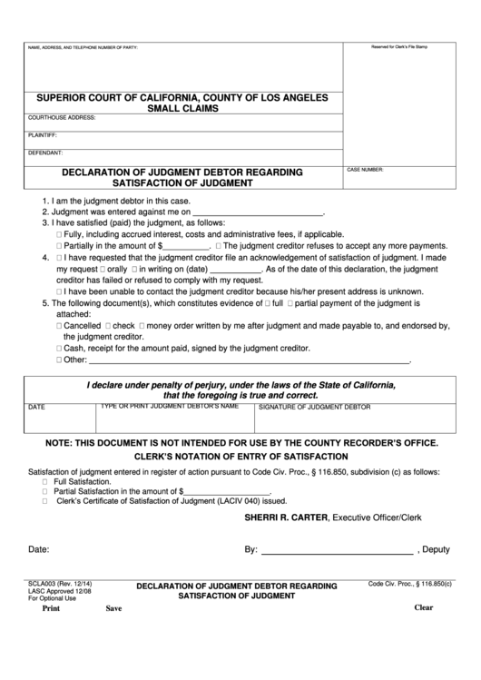 Fillable Form Scla 003 Declaration Of Judgment Debtor Regarding 