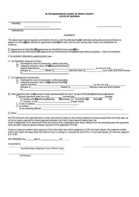 Fillable Judgment Magistrate Court Of White County Printable Pdf Download