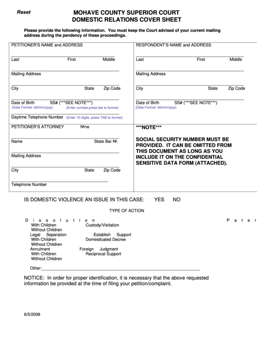 Fillable Mohave County Superior Court Domestic Relations Cover Sheet 