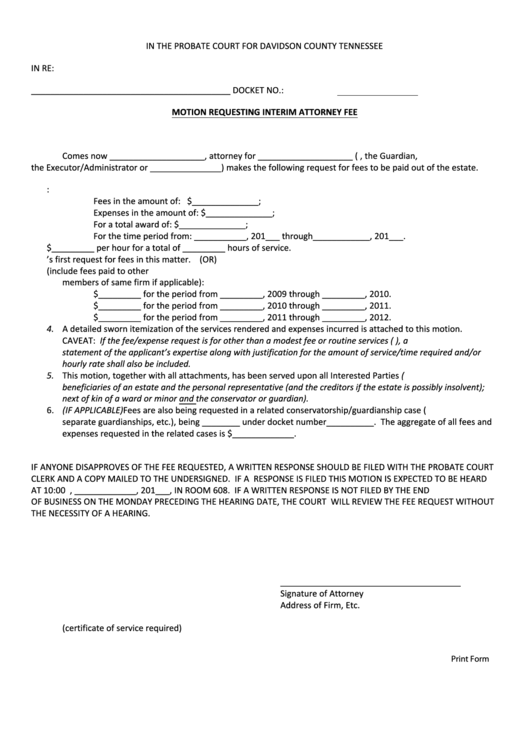 Fillable Motion Requesting Interim Attorney Fee Probate Court For 