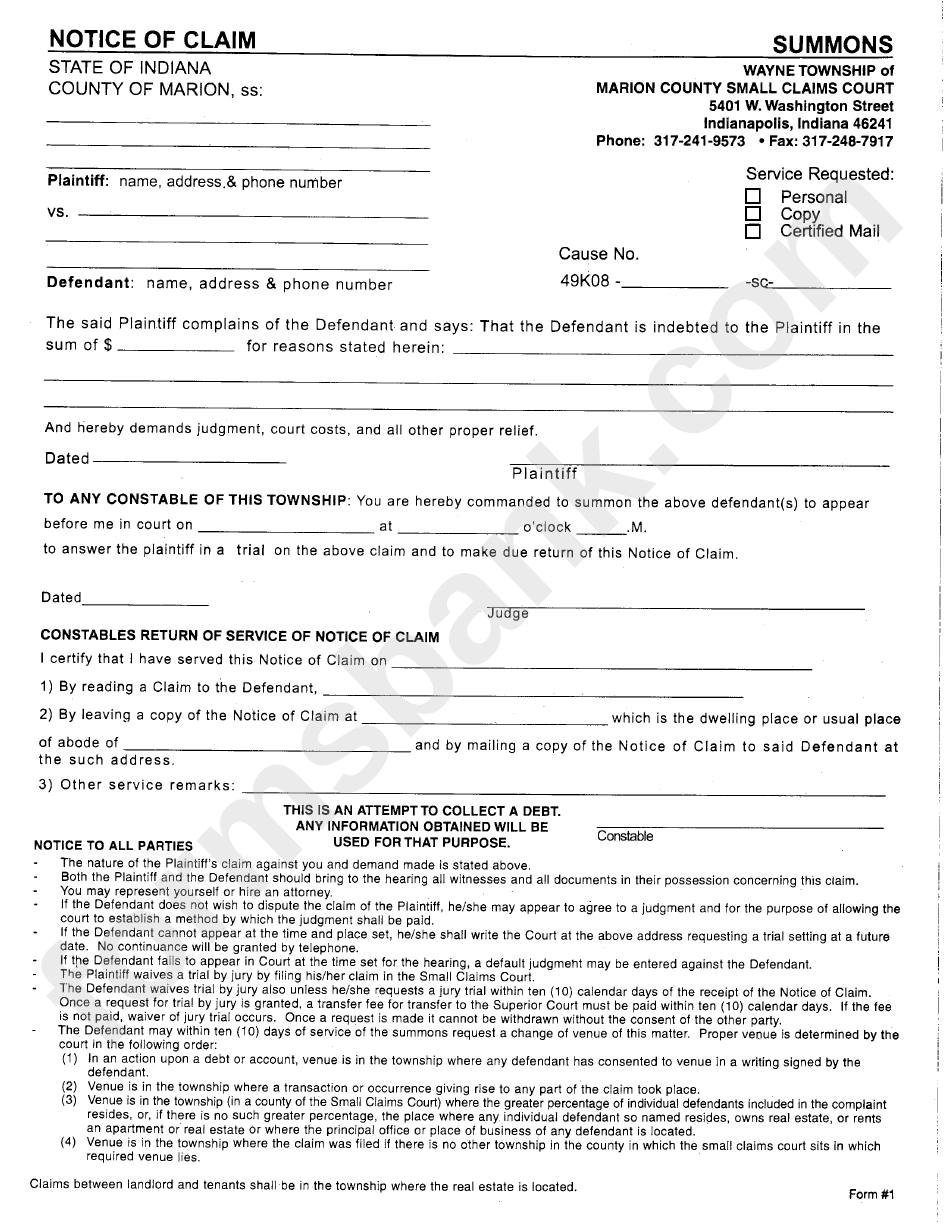 Fillable Notice Of Claim Form Wayne Township Of Marion County Small 