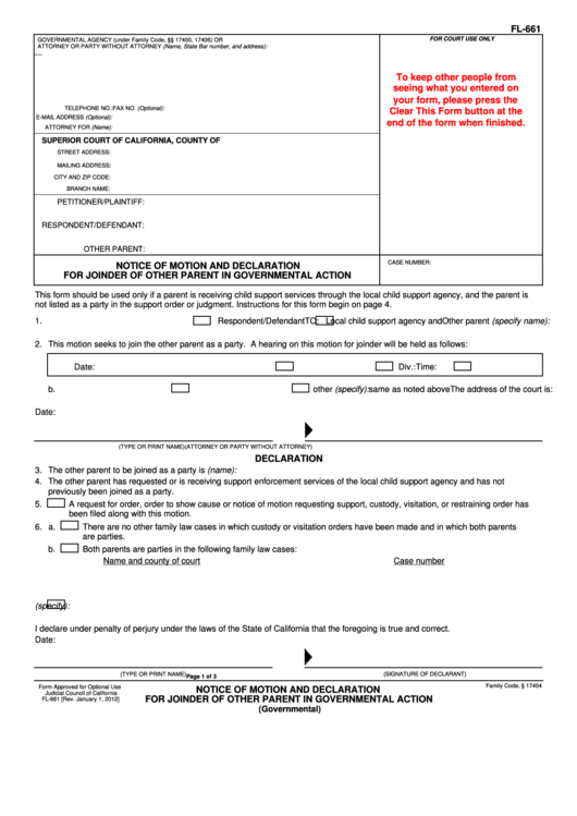 Fillable Notice Of Motion And Declaration California Superior Court 