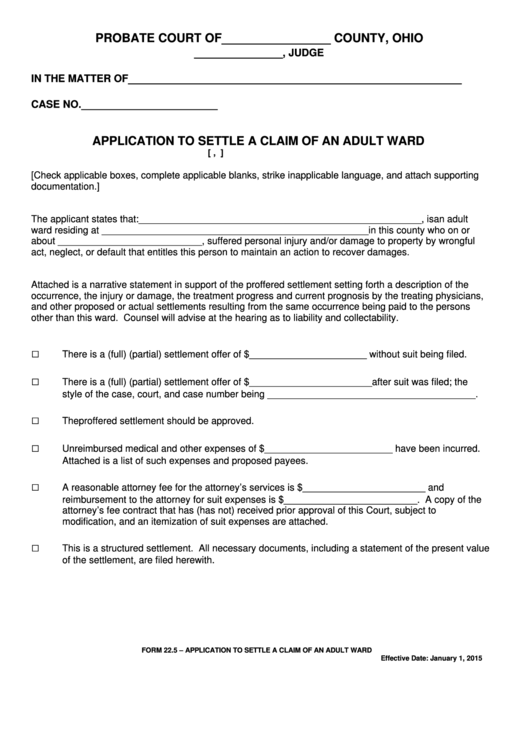 Fillable Ohio Probate Form Application To Settle A Claim Of An Adult 