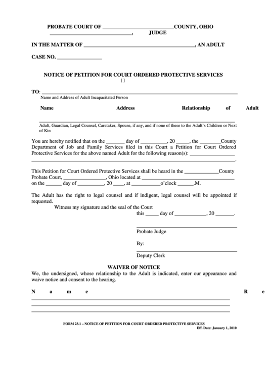 Fillable Ohio Probate Form Notice Of Petition For Court Ordered 