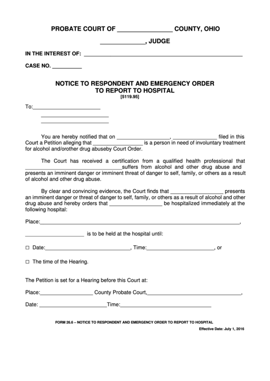 Fillable Ohio Probate Form Notice To Respondent And Emergency Order 