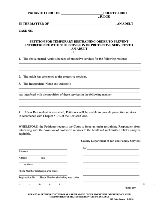 Fillable Ohio Probate Form Petition For Temporary Restraining Order 