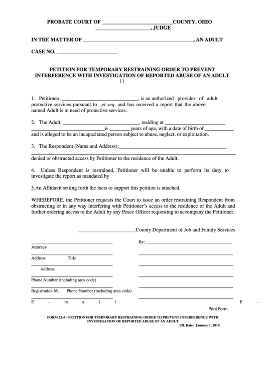 Fillable Ohio Probate Form Petition For Temporary Restraining Order 