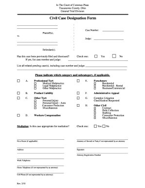 Fillable Online Co Tuscarawas Oh Civil Case Designation Form For 