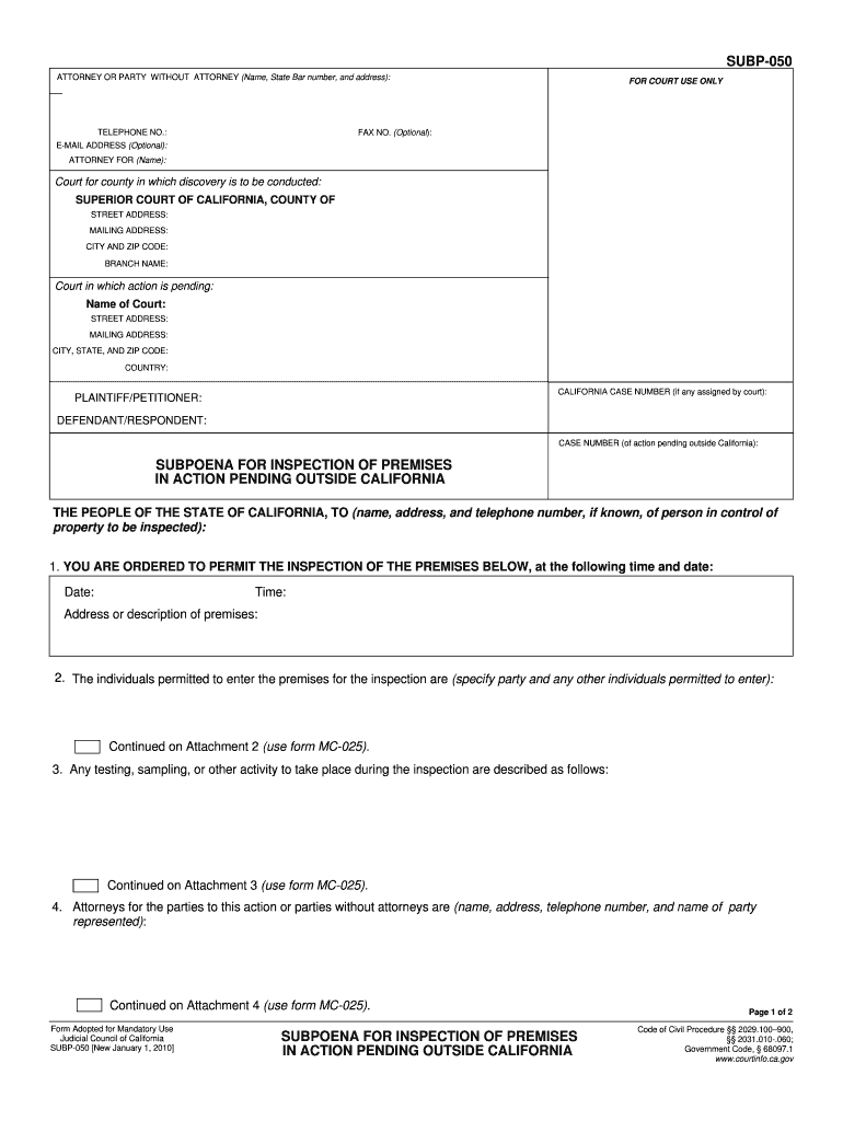 Fillable Online Courts Ca Subpoena In California For Site Inspection Of 