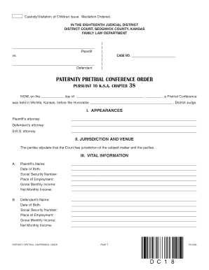 Fillable Online Dc18 Paternity Pretrial Conference Order 18th 