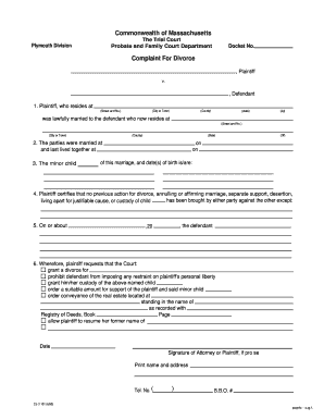 Fillable Online Divorce Form Commonwealth Of Massachusetts The Trial 