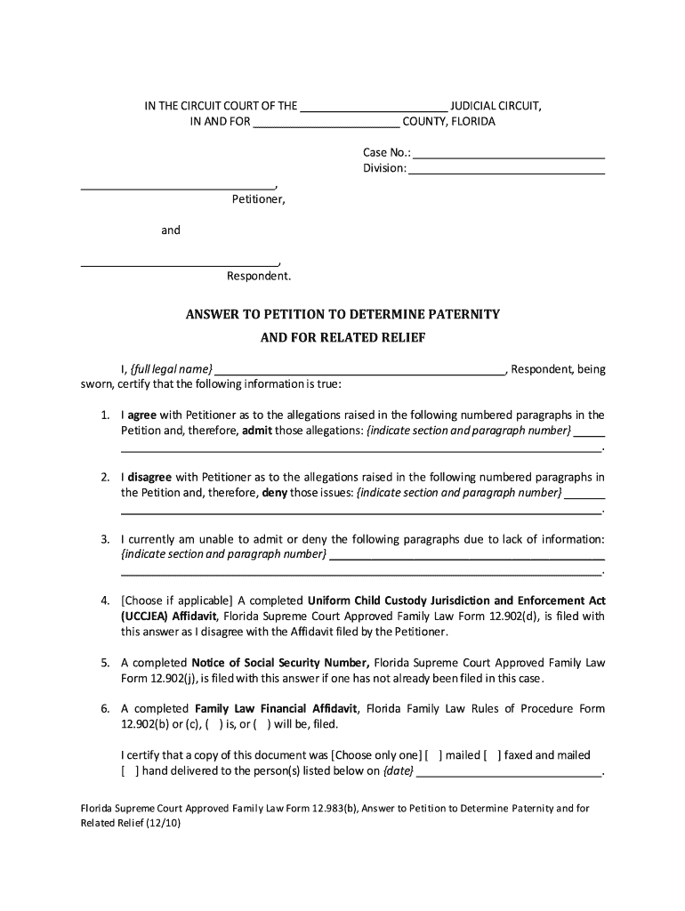 Fillable Online Florida Supreme Court Approved Family Law Form 12 983 b