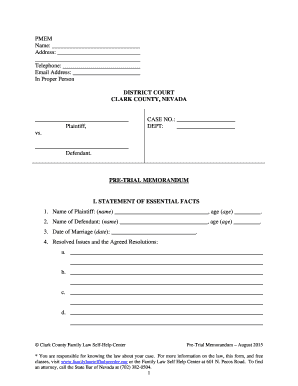 Fillable Online Pre Trial Memorandum pdf Family Law Self Help 