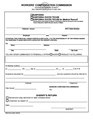 Fillable Online Wcc State Md MDWCC Subpoena Form 4 2013 Maryland 