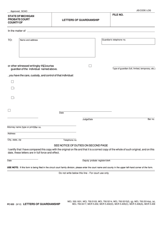 Fillable Pc 633 Letters Of Guardianship State Of Michigan Probate 